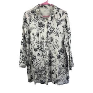 Hot cotton black and white floral linen long sleeve button up top size large